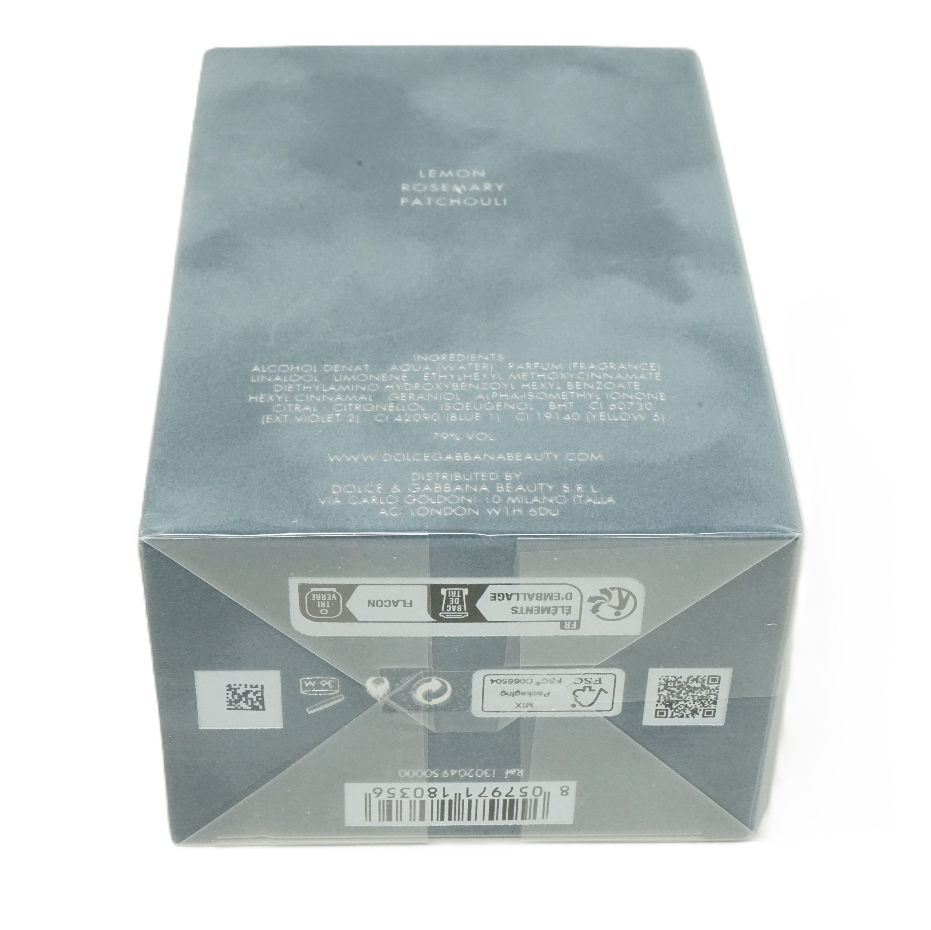 Unterseite der Verpackung von Dolce & Gabbana Light Blue Pour Homme Eau de Toilette. Text und Logos.