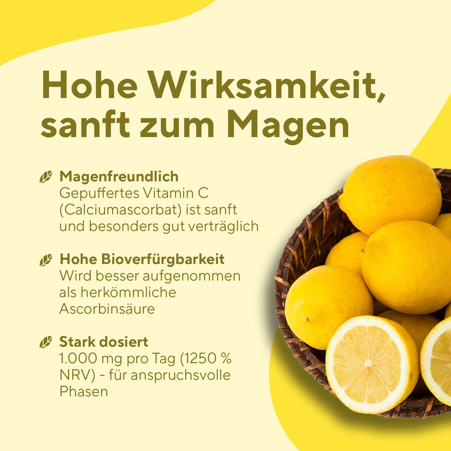 Infografik mit Zitronen und Text. Text: Hohe Wirksamkeit, sanft zum Magen. Magenfreundlich, hohe Bioverfügbarkeit, stark dosiert.