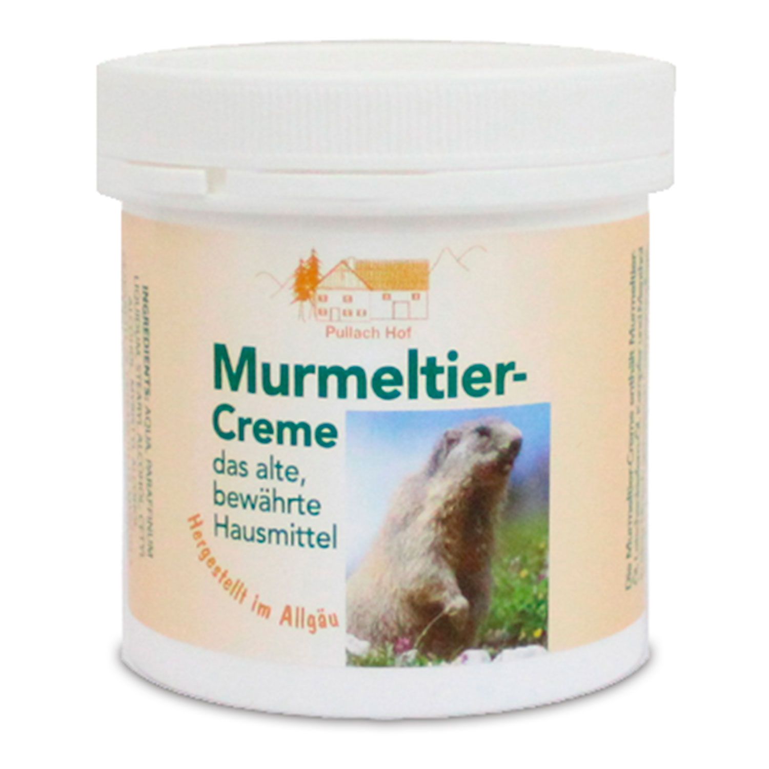 Weiße Dose mit Deckel. Aufschrift: Murmeltier-Creme. Abbildung eines Murmeltiers. Text: das alte, bewährte Hausmittel. Hergestellt im Allgäu.