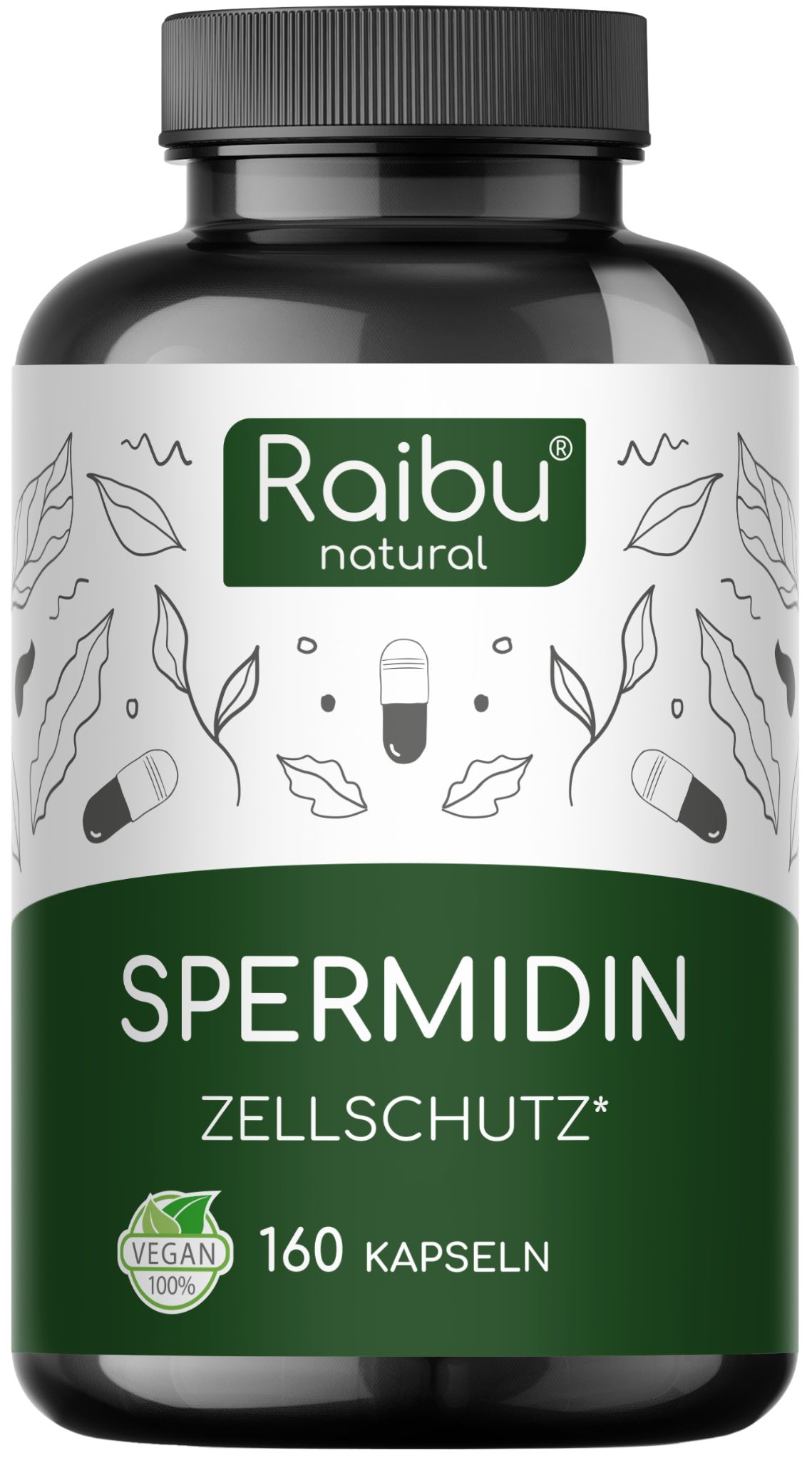 Schwarze Flasche mit grünem Etikett. Text: Spermidin, Zellsutz, 160 Kapseln. Raibu natural Logo. Vegan-Siegel.