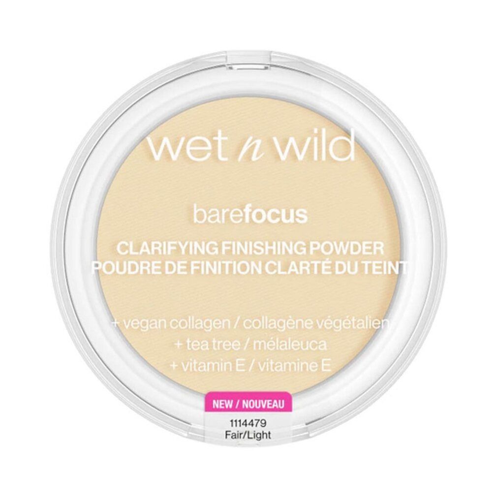 Runder, heller Puderbehälter. Aufschrift: Wet n Wild, barefocus, Clarifying Finishing Powder. Farbton: Fair/Light.