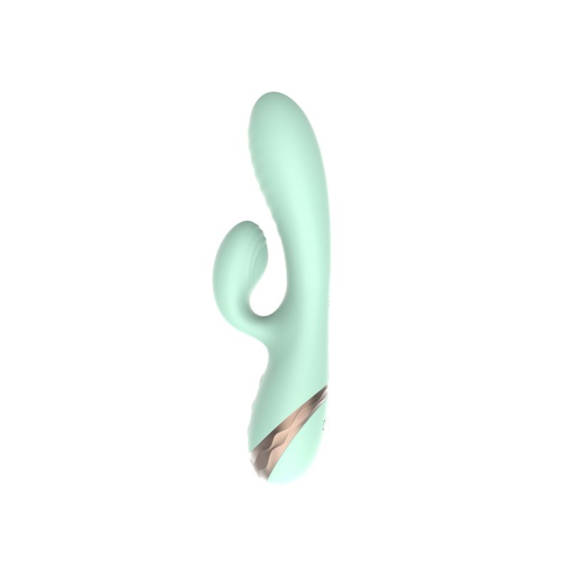 Mintfarbener Vibrator mit Hasenohren-Design. Kupferfarbener Akzent am unteren Ende. Drei Knöpfe.