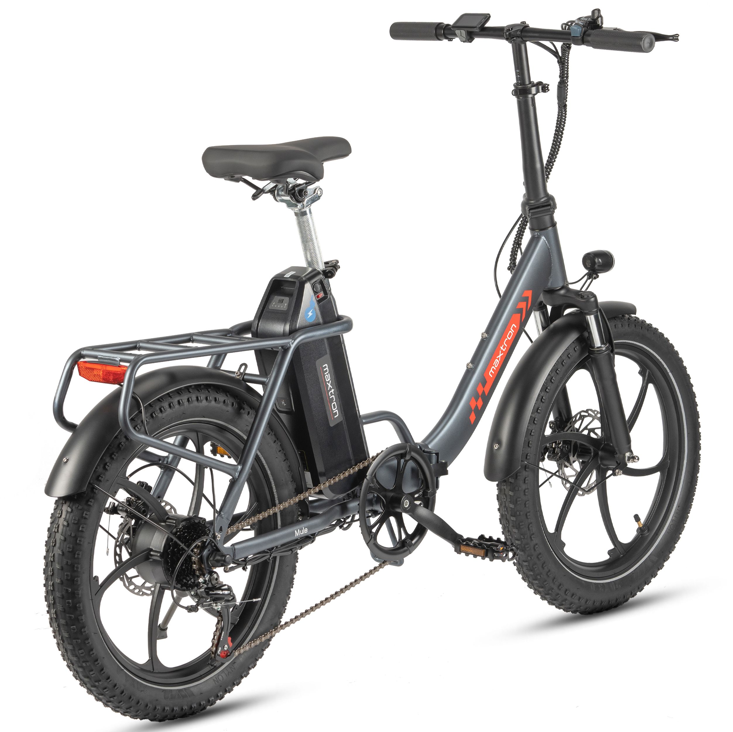 Graues Falt-Elektrofahrrad mit schwarzen Reifen und Sattel. Akku und Gepäckträger. Maxtron Logo.