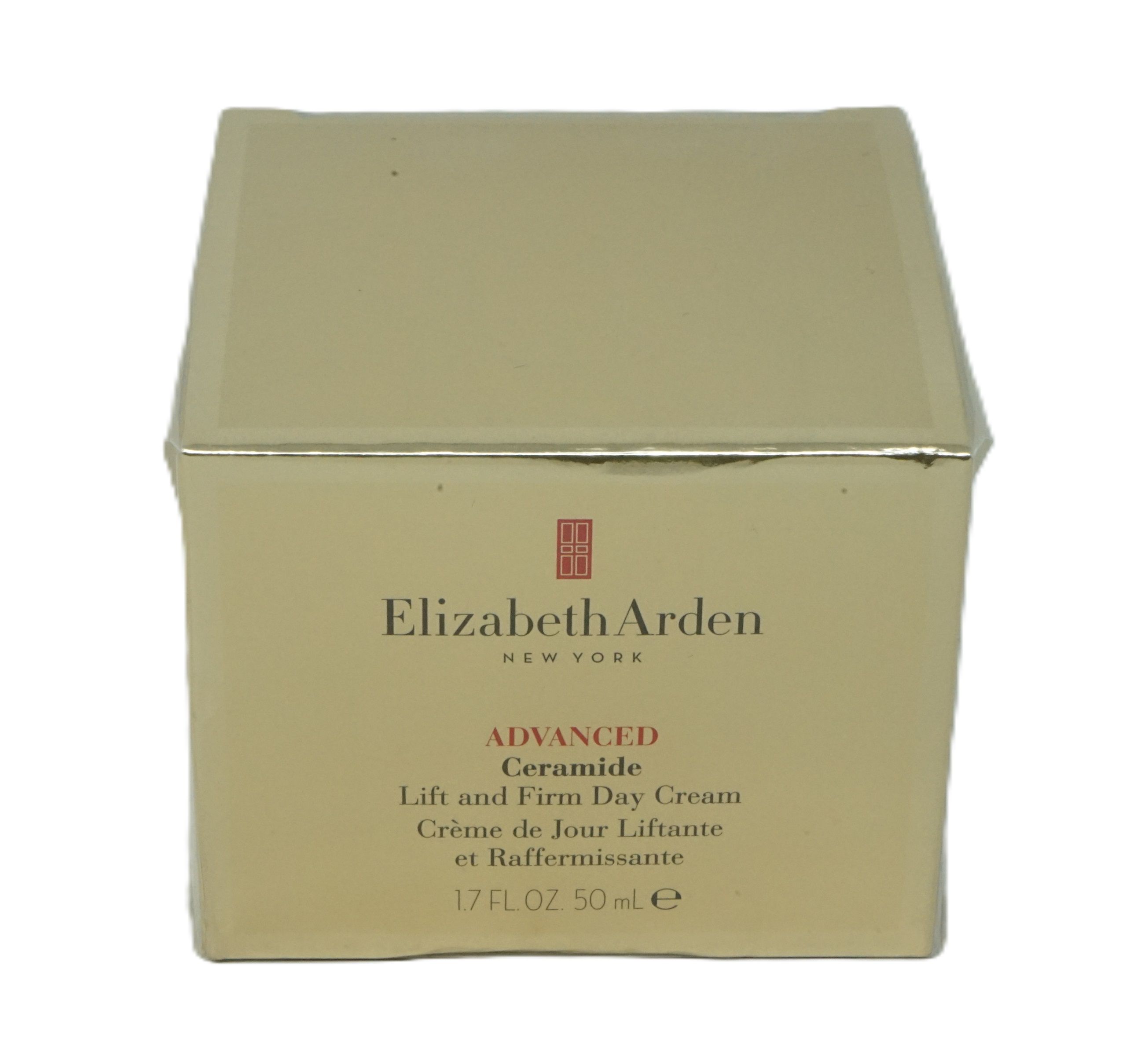 Beige Verpackung mit Produktinformationen. Elizabeth Arden Logo und Produktname. Text in Englisch und Französisch.