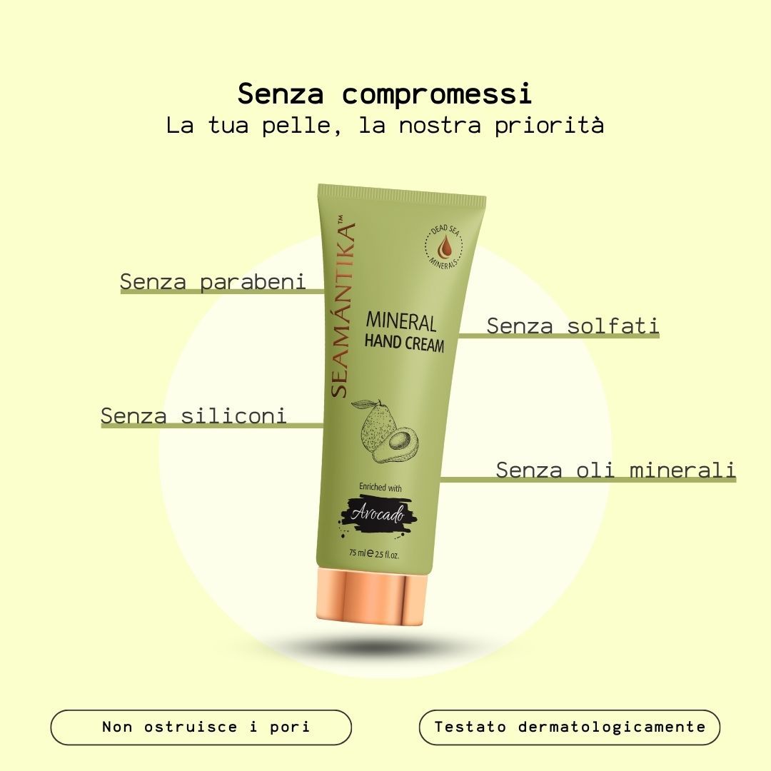 Tubo verde di crema mani. Testo: SEAMANTIKA, Mineral Hand Cream, Avocado. Senza: parabeni, siliconi, solfati, oli minerali.