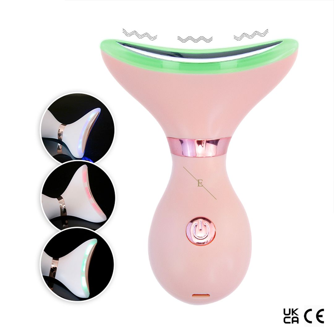 Rosa Hals- und Kieferlinien-Definierer mit LED-Lichtern. Drei Lichtmodi und CE-Kennzeichnung.