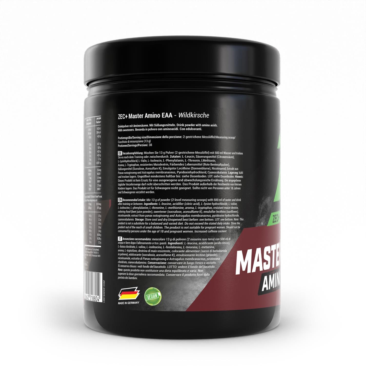 Rückseite einer schwarzen Dose. Text: ZEC+ Master Amino EAA - Wildkirsche. Nährwertangaben und Zutatenliste. Vegan-Siegel.