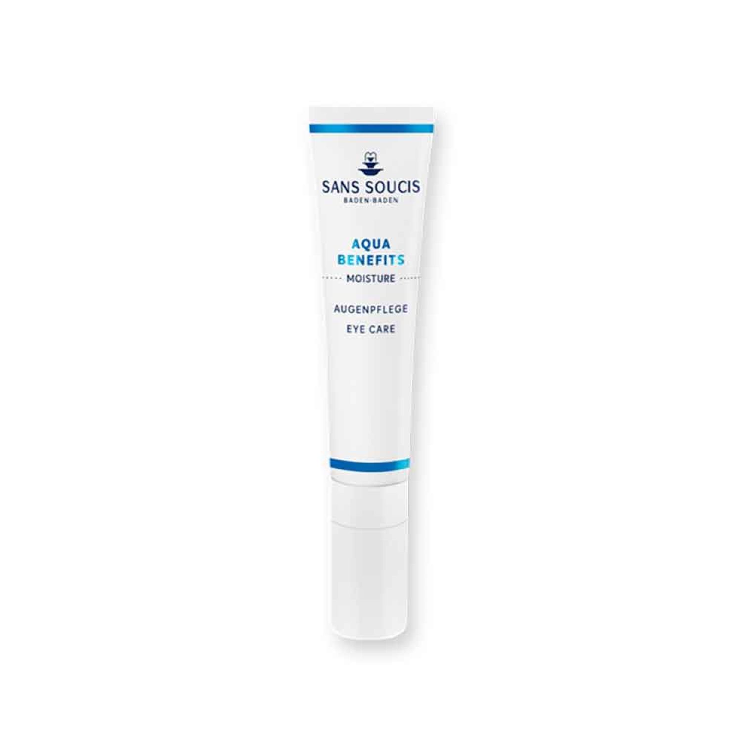Weiße Tube mit blauer Schrift. Aufschrift: Sans Soucis, Aqua Benefits Moisture Augenpflege Eye Care.