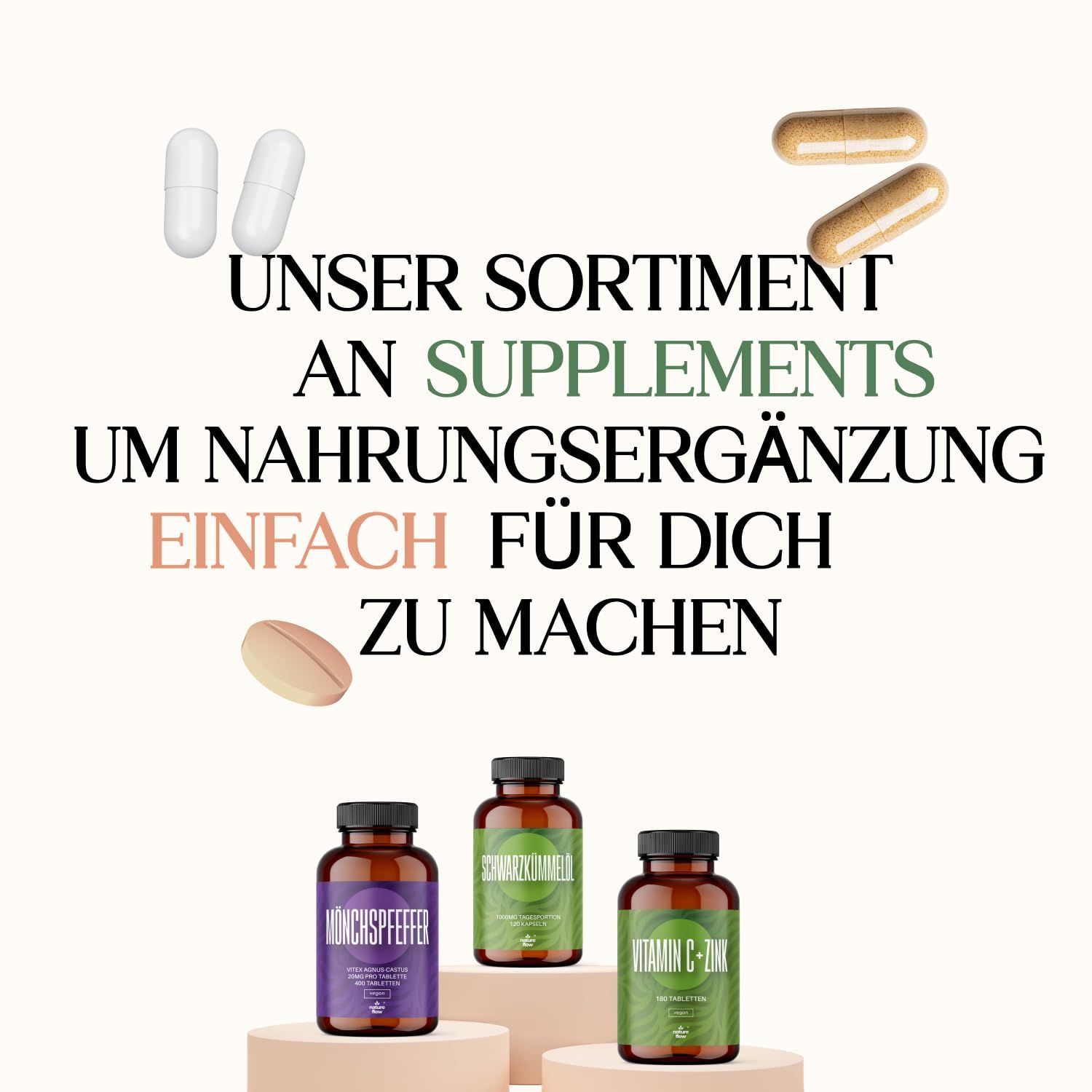 Drei Flaschen Nahrungsergänzungsmittel: Monchspfeffer, Vitamin C + Zink, und ein weiteres.