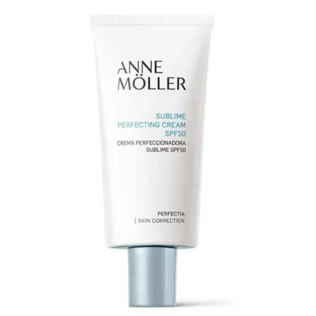 Weiße Tube mit silbernem Verschluss. Aufschrift: Anne Möller, Sublime Perfecting Cream SPF50. Perfektia Skin Correction.