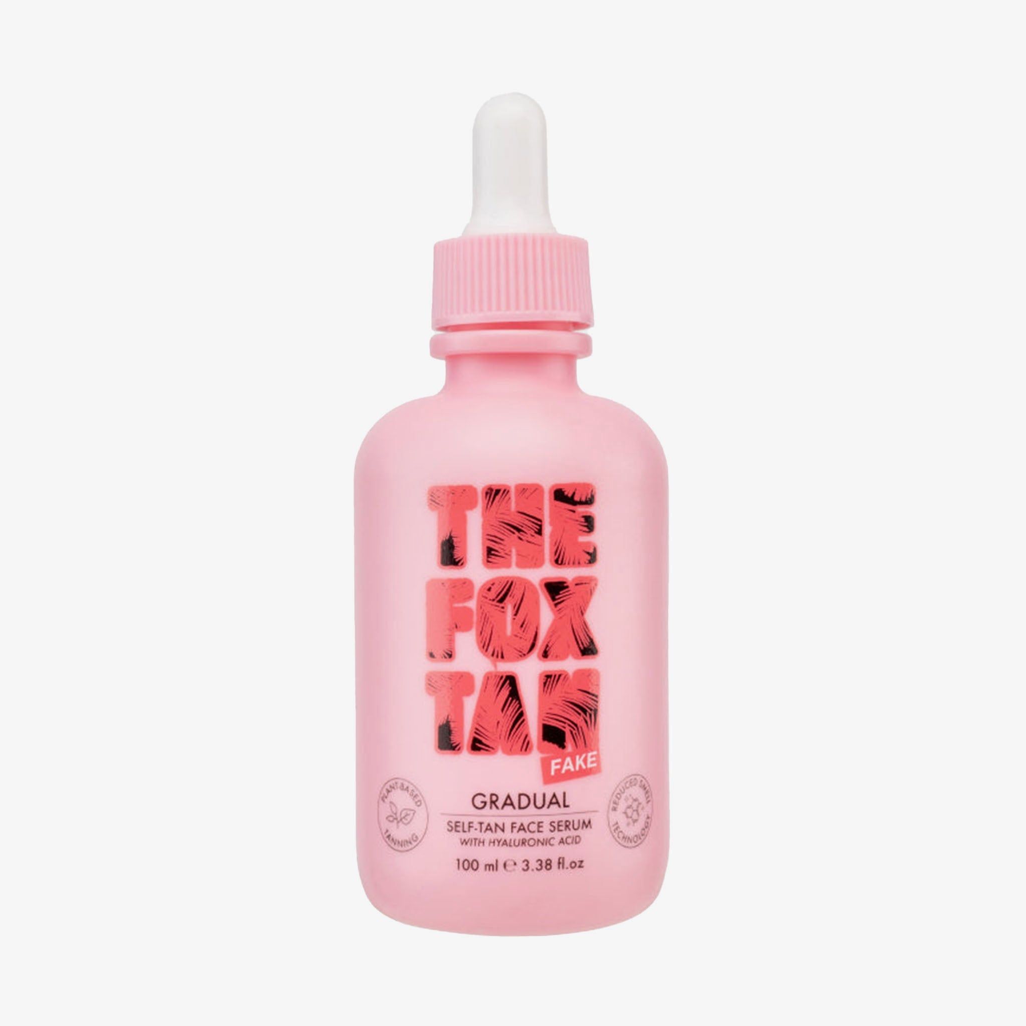 Rosa Flasche mit weißem Tropfer. Aufschrift: THE FOX TAN. GRADUAL SELF-TAN FACE SERUM.