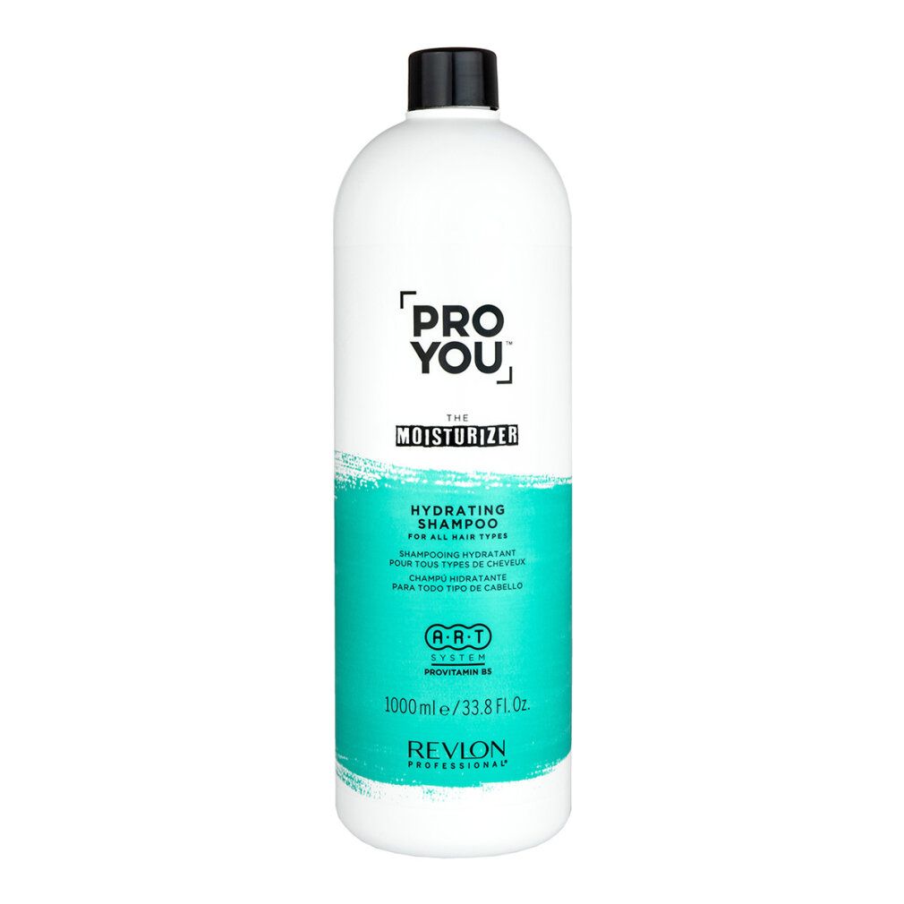 Weiße Flasche mit schwarzem Deckel. Aufschrift: PRO YOU, THE MOISTURIZER, HYDRATING SHAMPOO. Türkisfarbener Streifen. Revlon Professional.