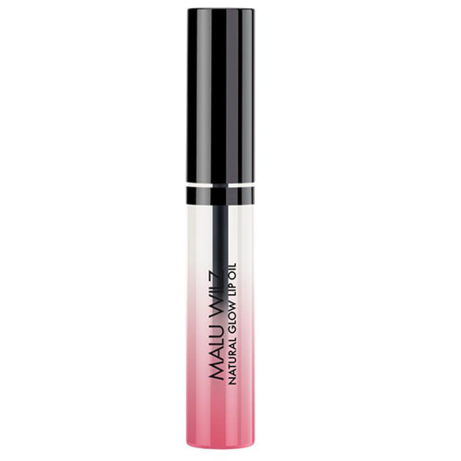 Lippenöl mit schwarzem Deckel. Aufschrift: Malu Wilz Natural Glow Lip Oil. Farbverlauf von transparent zu rosa.