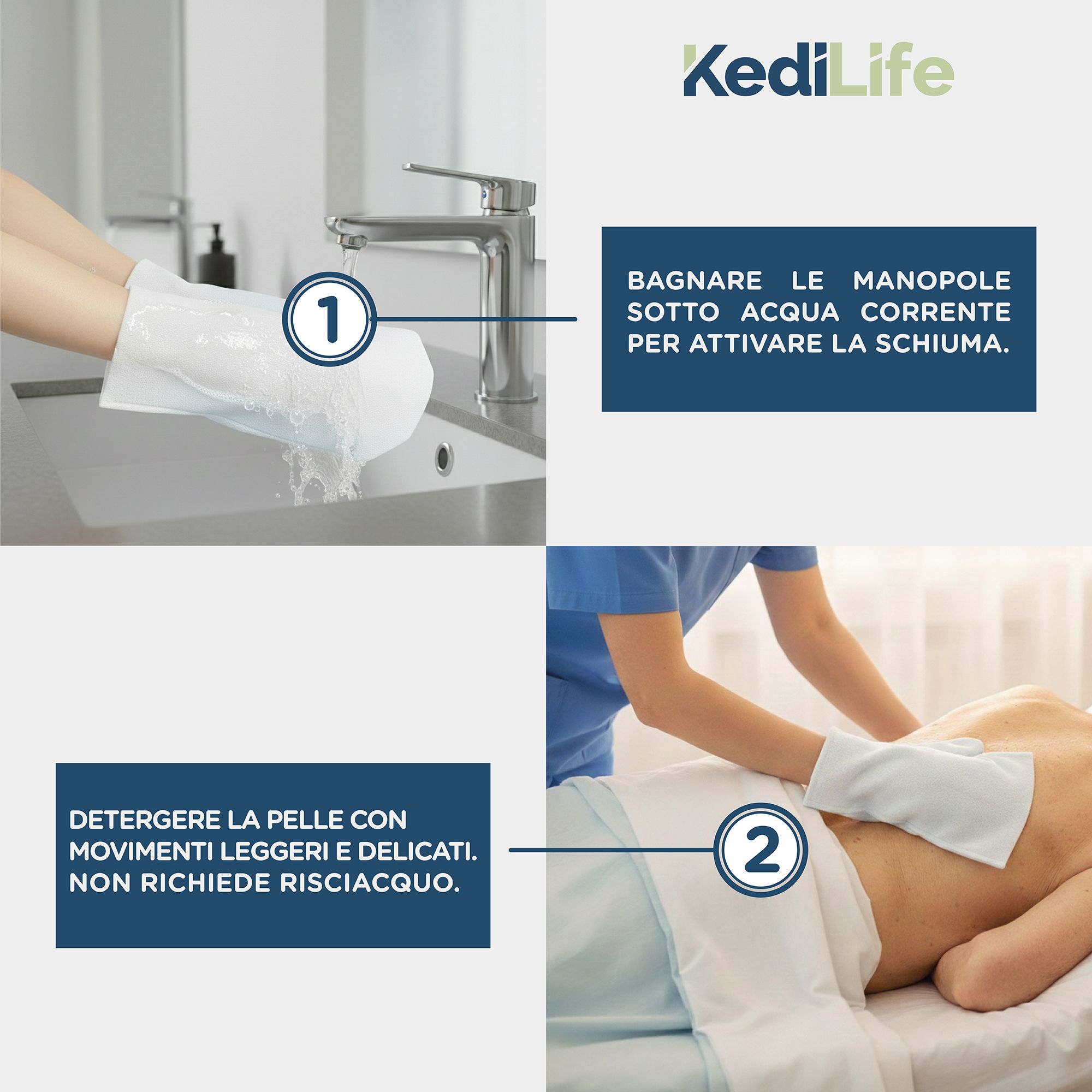 Anwendungsbeispiele für Einweg-Waschhandschuhe. Waschhandschuh unter fließendem Wasser befeuchten. Haut reinigen. Marke: KediLife.