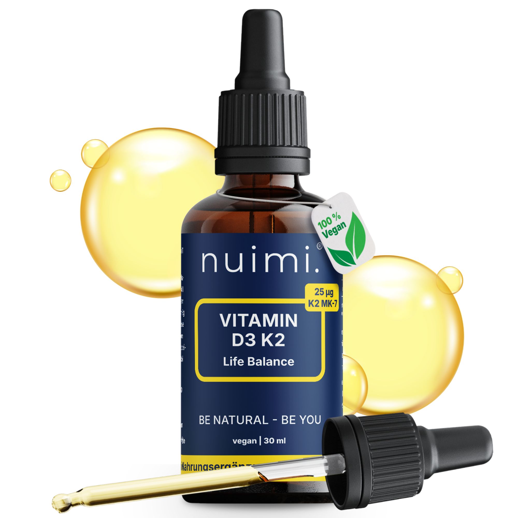 Braune Glasflasche mit Pipette, nuimi Vitamin D3 K2 Tropfen, mit 100% Vegan Siegel.