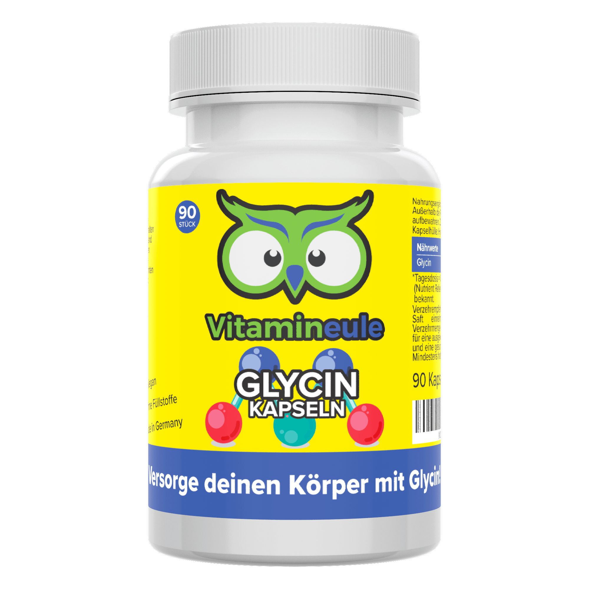 Weiße Flasche mit gelbem Etikett. Vitamineule Glycin Kapseln. 90 Kapseln. Text: Versorge deinen Körper mit Glycin!