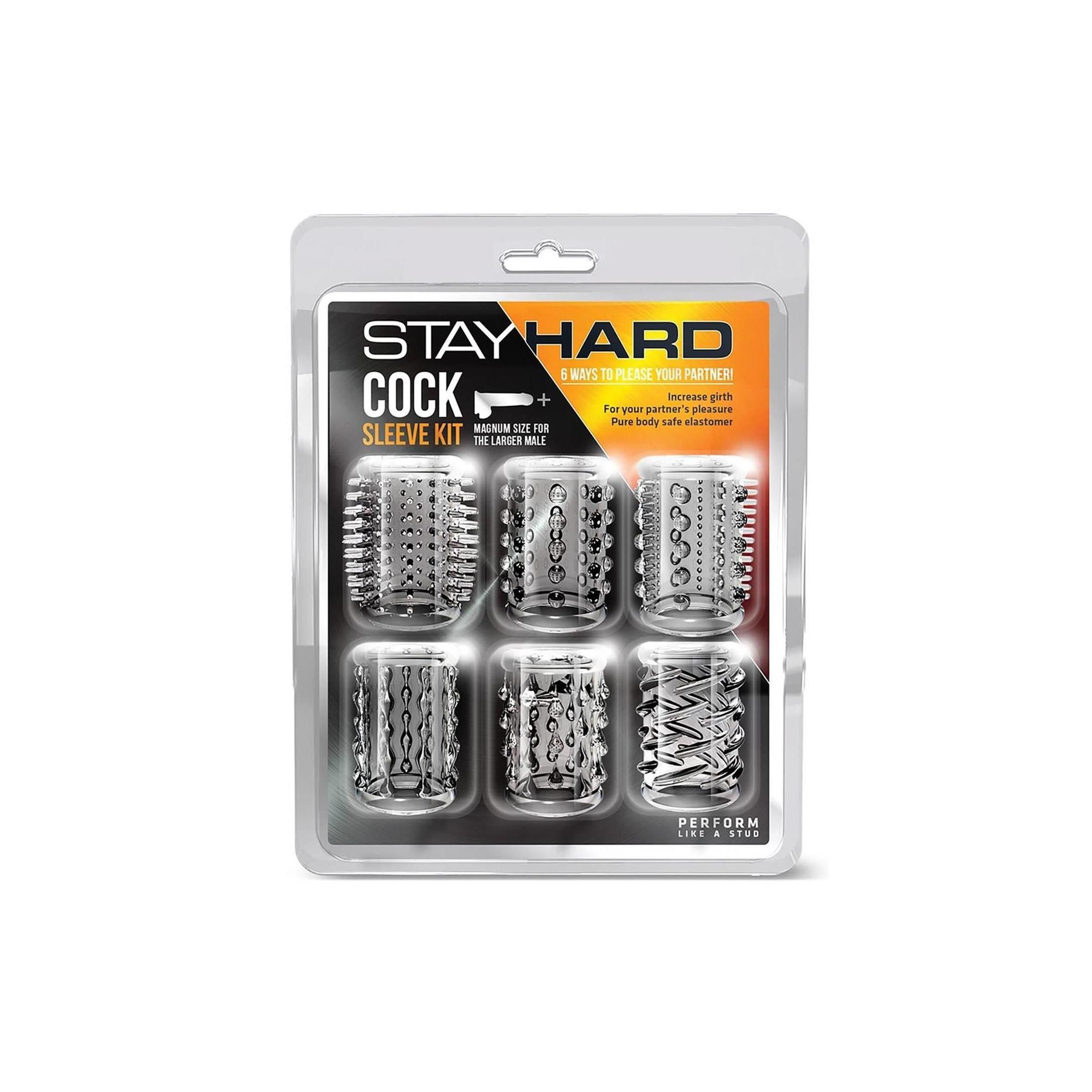 Verpackung mit sechs transparenten Sleeves. Aufschrift: STAY HARD COCK SLEEVE KIT. Text: 6 Wege, um Ihren Partner zu erfreuen.