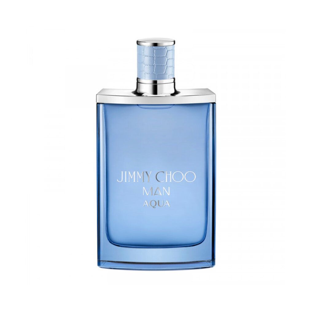 Hellblaues Eau de Toilette JIMMY CHOO MAN AQUA. Quadratischer Flakon mit silbernem Deckel und Logo.