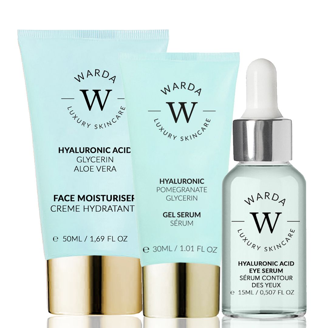 Drei Warda Hyaluron-Hautpflegeprodukte: Gesichtsfeuchtigkeitscreme, Gel-Serum und Augenpflege-Serum.