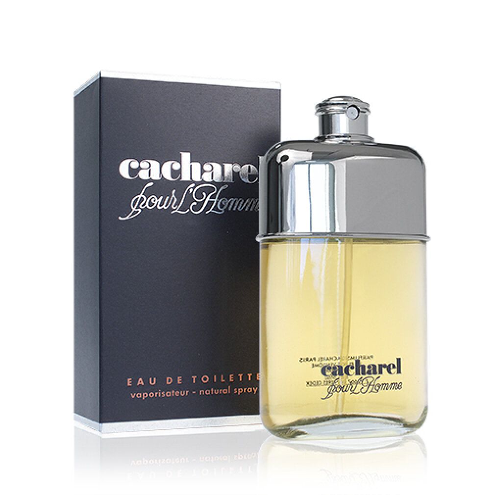 Glasflakon und schwarze Schachtel. Aufschrift: cacharel pour L'Homme. Eau de Toilette. Flüssigkeit gelb.