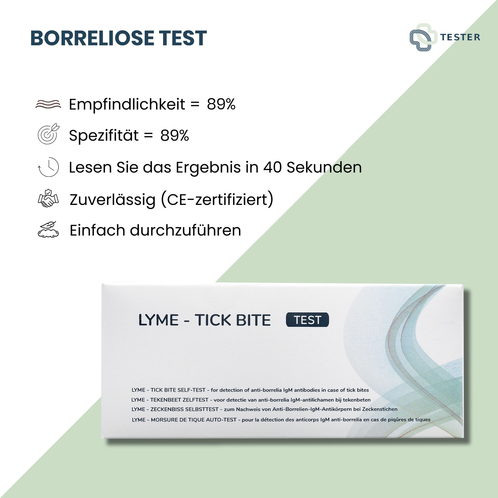 Infografik mit Produktverpackung. Angaben zu Sensitivität, Spezifität, Ergebniszeit und Zertifizierung.