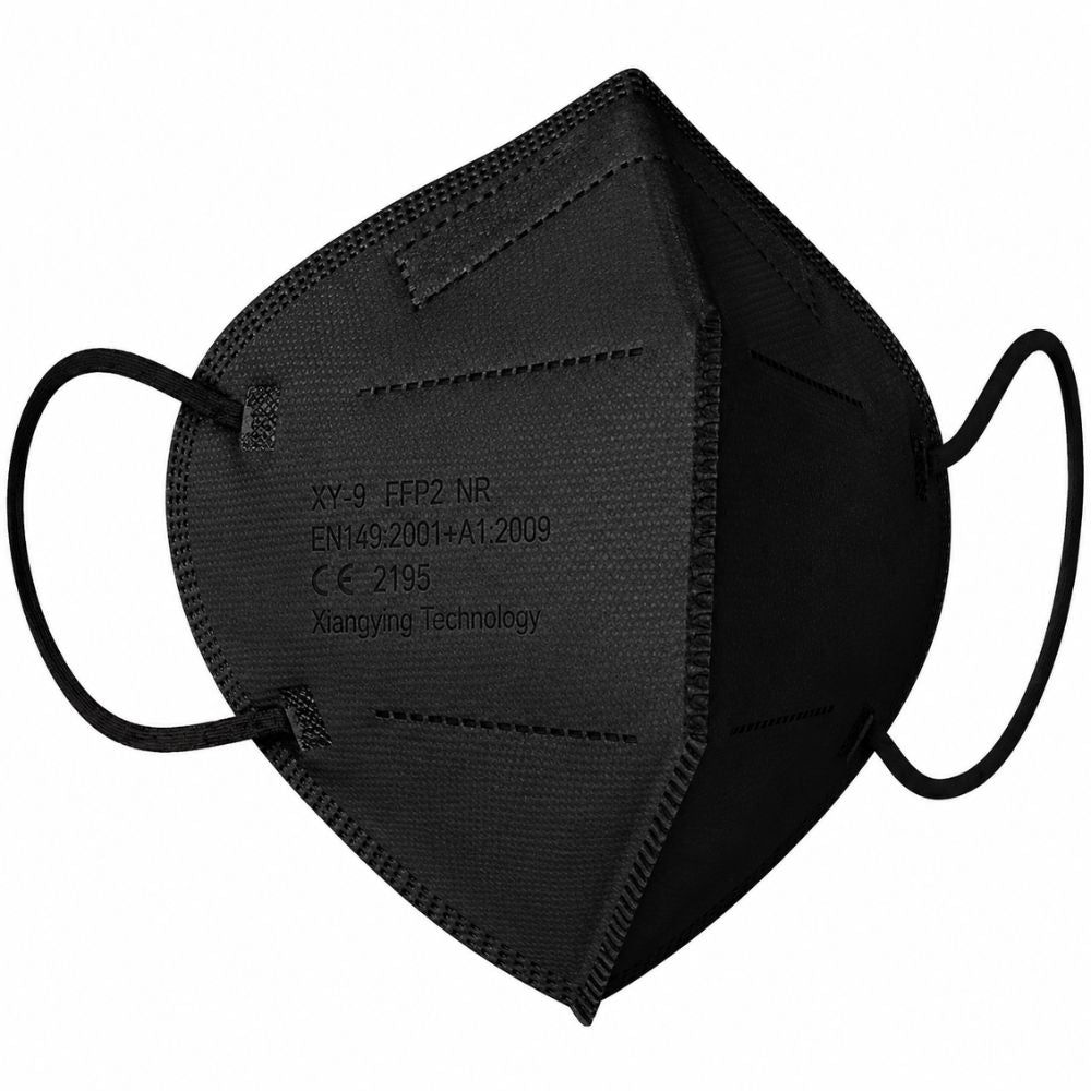 Schwarze FFP2 Atemschutzmaske, 5-lagig, CE-zertifiziert.