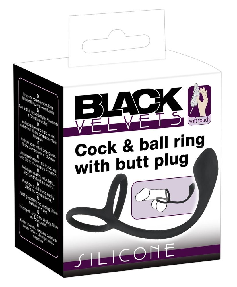 Verpackung: Schwarze Velvets Cock & Ball Ring mit Butt Plug. Produktabbildung, Text, Logo, Beschreibung. Weißer Hintergrund.