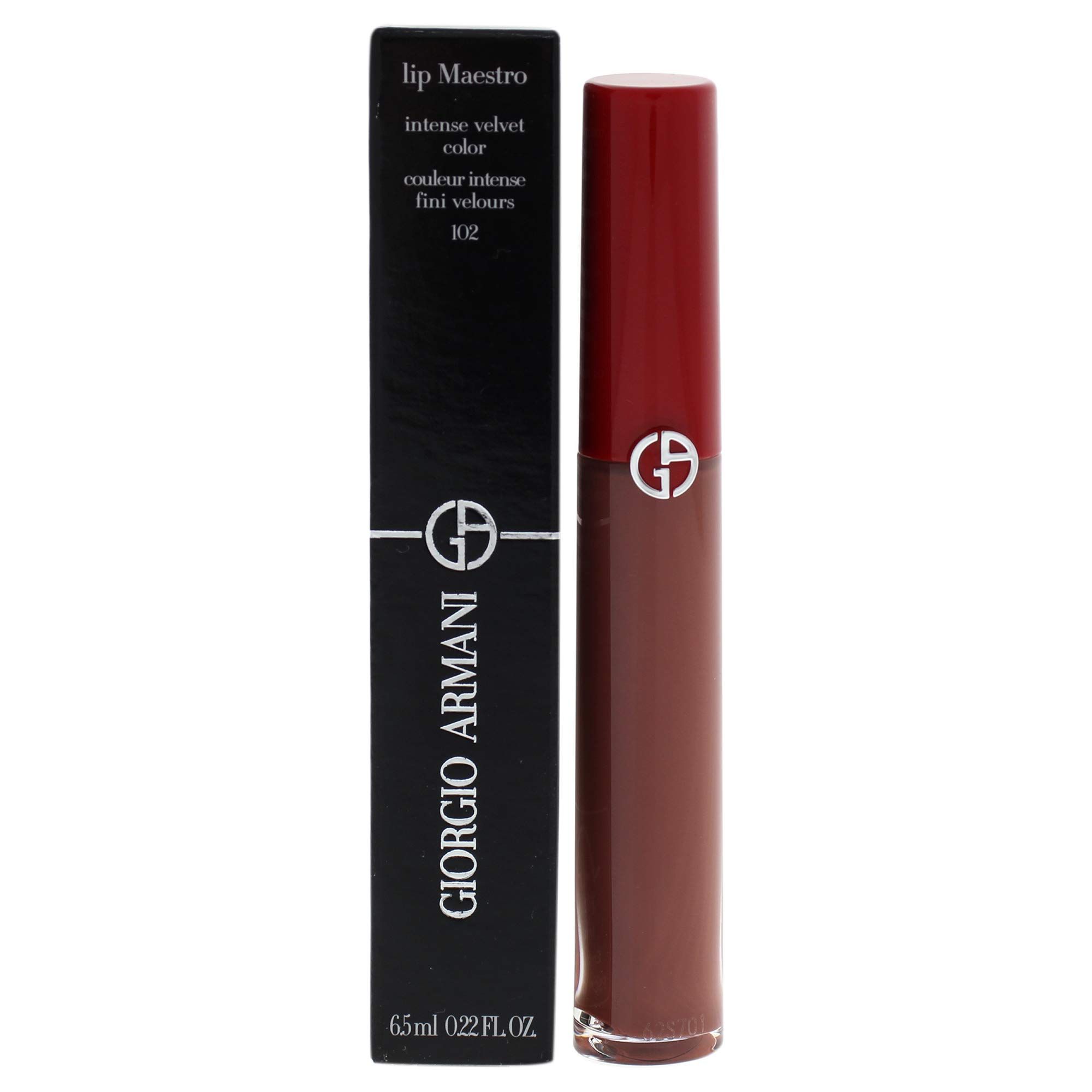 Lippenstift mit schwarzer Verpackung. Aufschrift: Giorgio Armani, Lip Maestro, intense velvet color. Rote Kappe, braune Farbe.