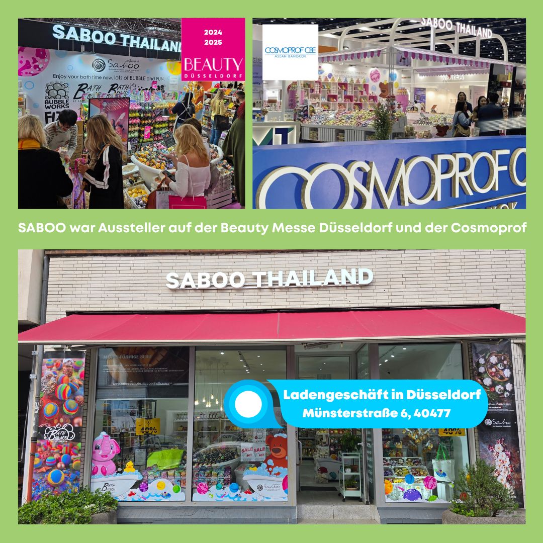 Fotos von Messen und einem Laden. SABOO Thailand. Beauty Messe Düsseldorf und Cosmoprof. Laden in Düsseldorf.