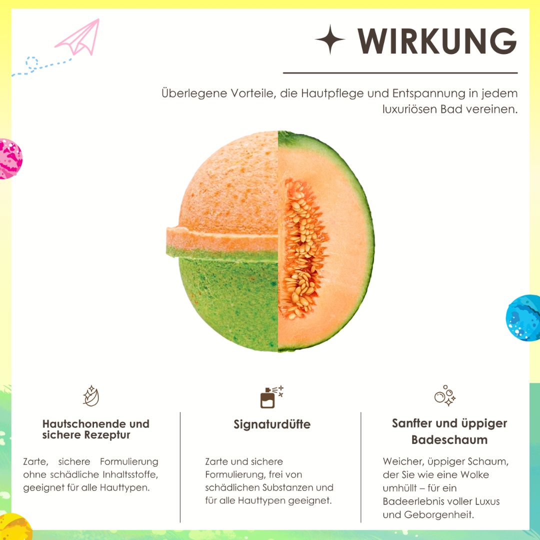 Zweifarbige Badbombe, Melone. Aufgeschnitten, zeigt die Textur. Text: Hautschonend, sichere Rezeptur.