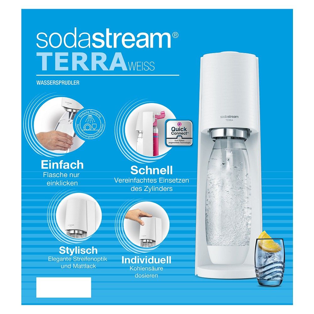 Verpackung des SodaStream Terra weiß Wassersprudlers mit Produktabbildungen und Merkmalen.