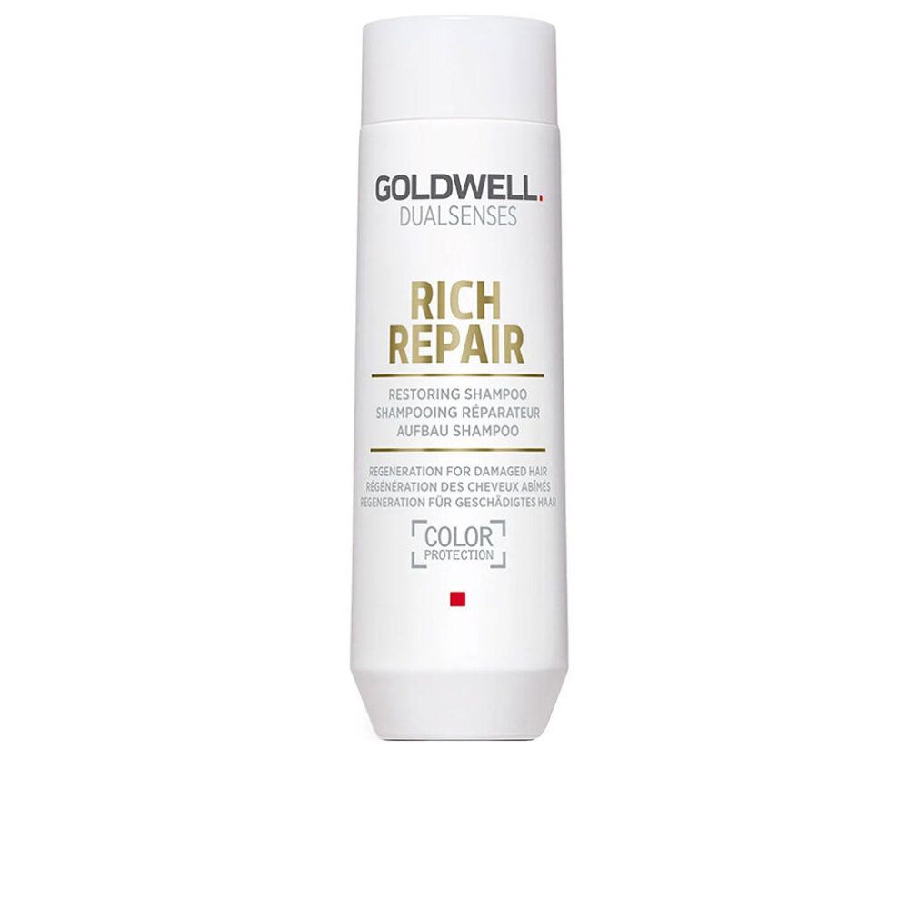 Weiße Flasche Goldwell Rich Repair Shampoo. Aufschrift: Rich Repair, Restoring Shampoo.
