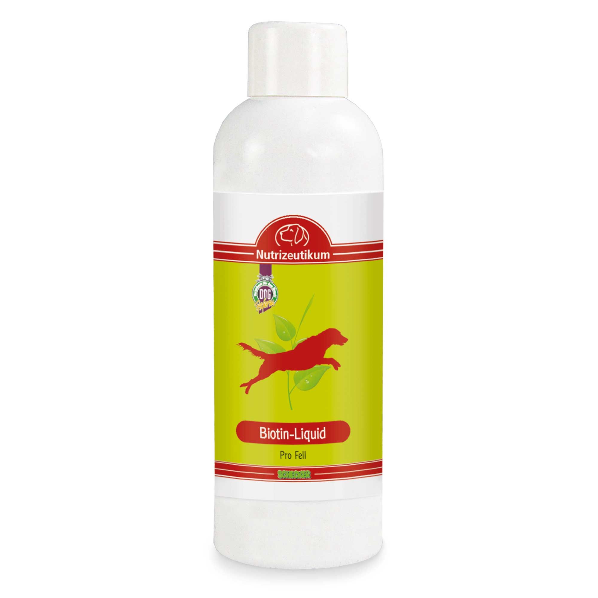 Weiße Flasche mit grünem Etikett. Rotes Logo mit Hund. Text: Biotin-Liquid Pro Fell. Marke: Nutrizeutikum.