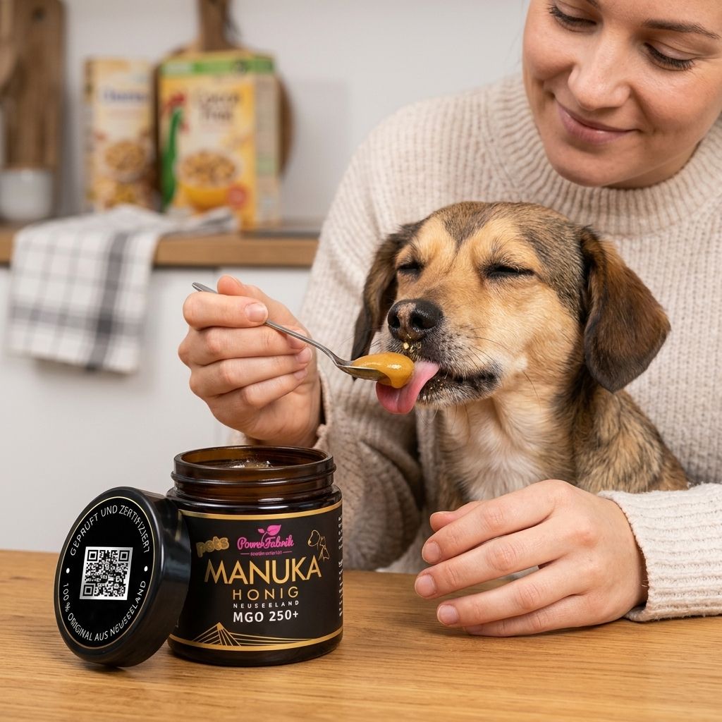 Glas mit Manuka Honig, MGO 250+. Frau füttert Hund mit Löffel. Aufschrift: PowerFabrik Manuka Honig.