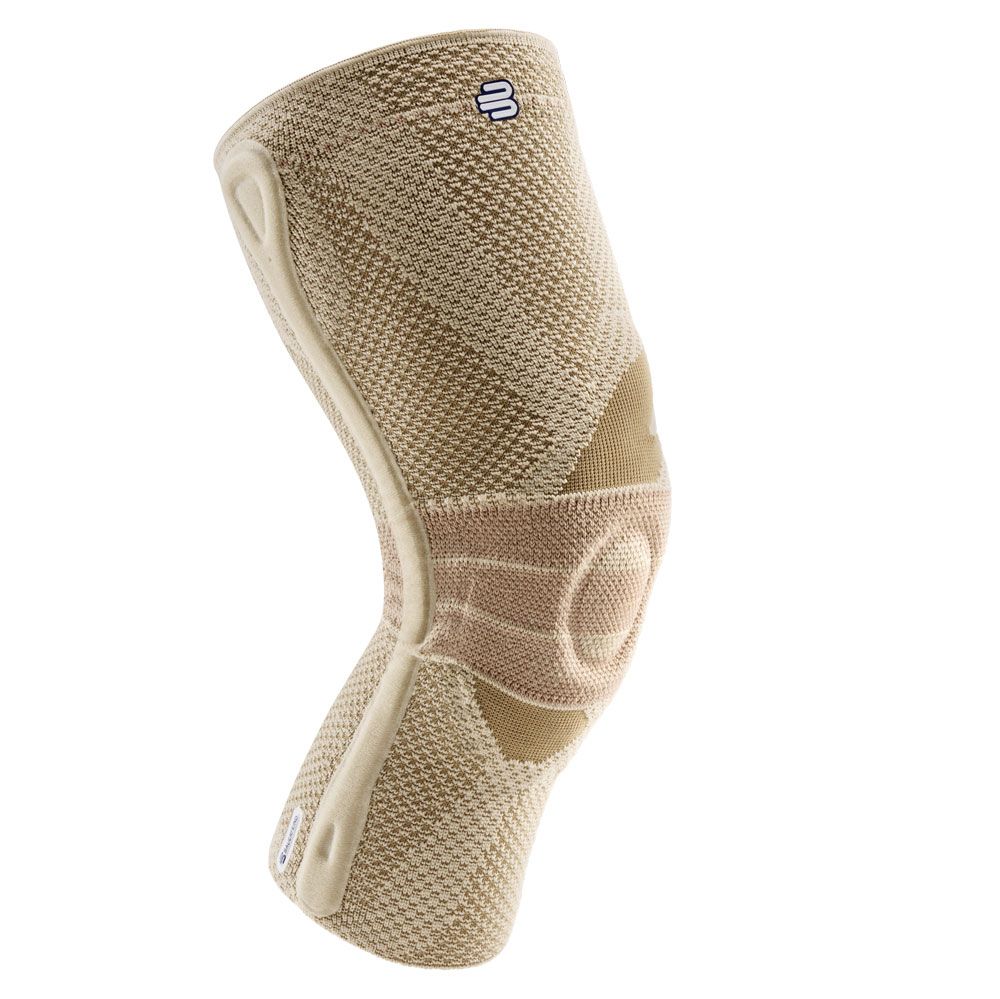 Beige Kniebandage. Gestricktes Material mit Verstärkungen und einem Logo. Anatomische Form.