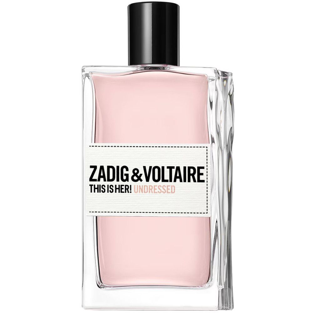 Zadig & Voltaire This Is Her! Undressed Eau de Parfum. Flakon mit rosa Flüssigkeit und schwarzem Verschluss.