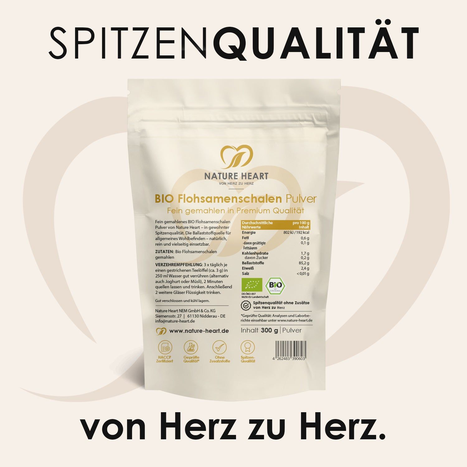 Beutel mit BIO Flohsamenschalen Pulver von Nature Heart, 300g.