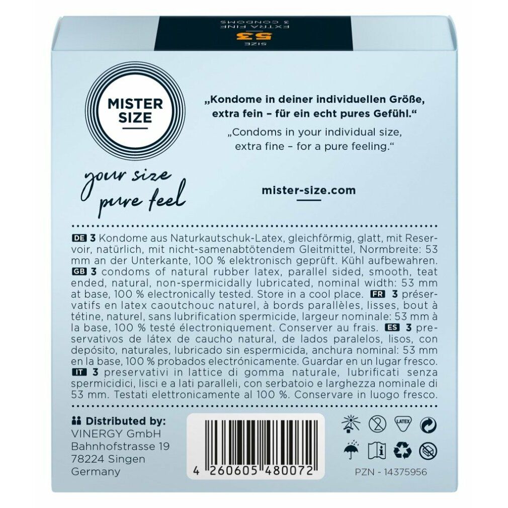 MISTER SIZE Kondomverpackung. Hellblau mit blauem Streifen. Text: MISTER SIZE, your size pure feel, 53, Extra Fine, 3 Kondome.