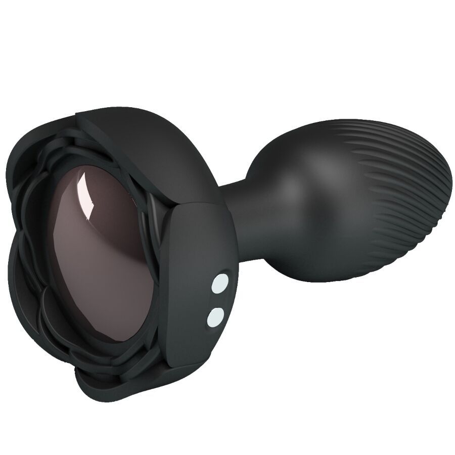 Schwarzer Analplug mit LED-Licht. Blütenförmiger Aufsatz mit zwei Knöpfen. Konischer Schaft mit geriffelter Oberfläche.