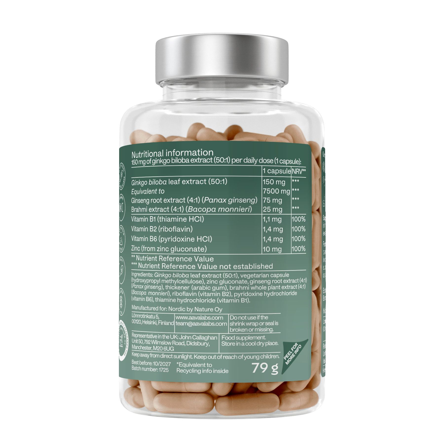 Rückseite der Aavalabs Ginkgo Biloba Kapseln. Nährwertangaben. 79g. Zutaten: Ginkgo, Ginseng, Bacopa, Vitamine, Zink. Hergestellt in Finnland.