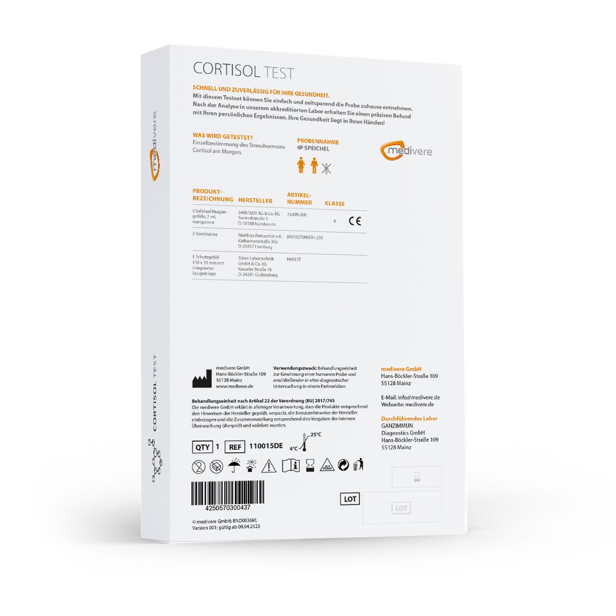 Rückseite der Produktverpackung. Enthält Informationen, Herstellerdetails und Zertifizierungen.