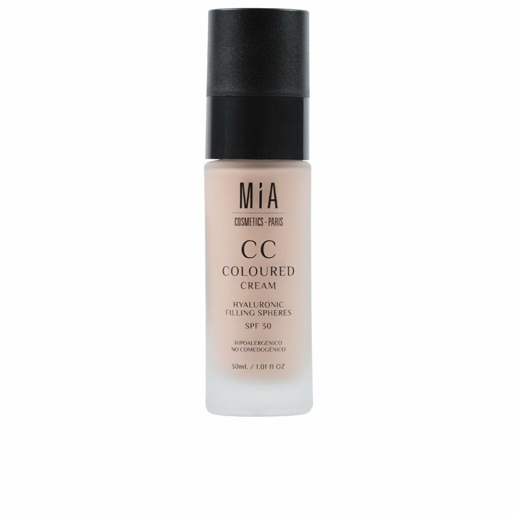 CC Creme von Mia Cosmetics. Flasche mit schwarzem Deckel. Text: CC COLORED CREAM, SPF 30. Hypoallergen.