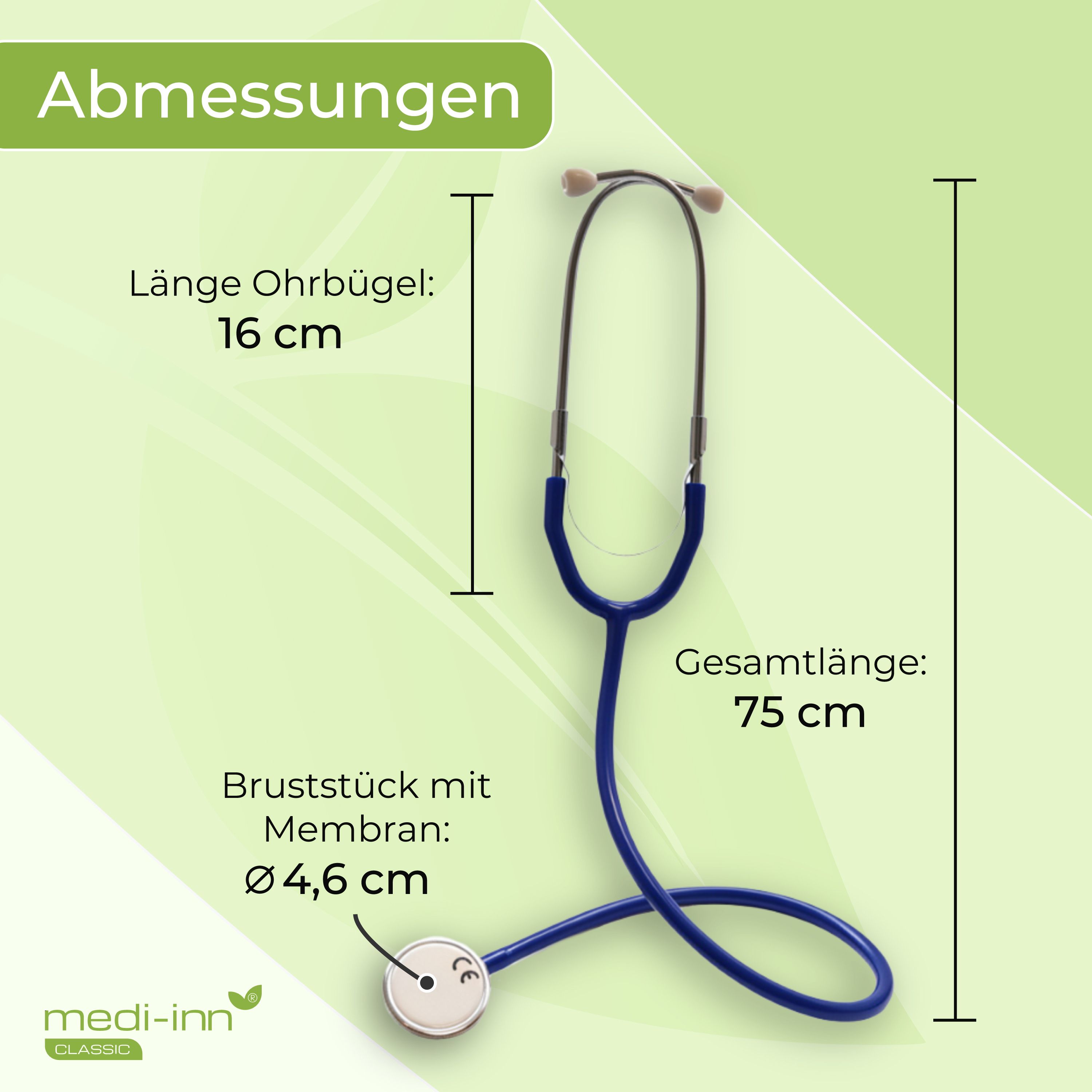Blaues Stethoskop: Gesamtlänge 75 cm, Bruststück Ø 4,6 cm, Ohrbügel 16 cm.