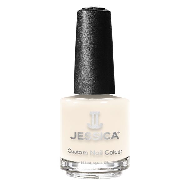 Beige Nagellackflasche mit schwarzem Deckel. Aufschrift: JESSICA Custom Nail Colour. Volumen: 14,8 ml / 0,5 FL OZ.