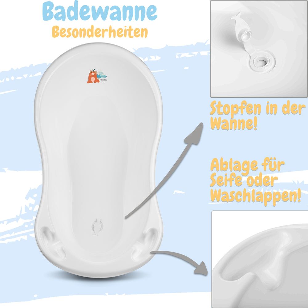 Babykajo 4 Set Baby Badewanne mit Gestell + Wanneneinsatz + Abfluss.