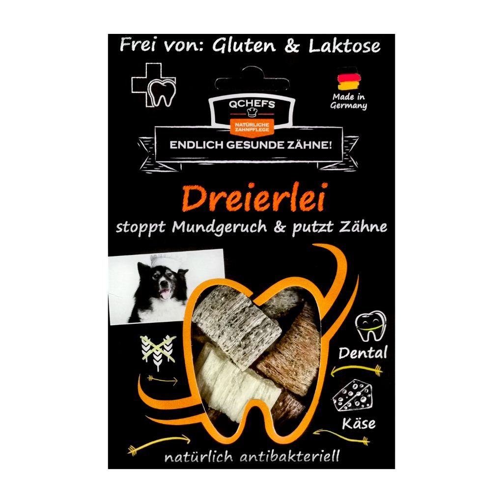Schwarzes Werbeplakat mit Produkt Dreierlei. Enthält Text, Illustrationen und das Logo von QCHEFS.