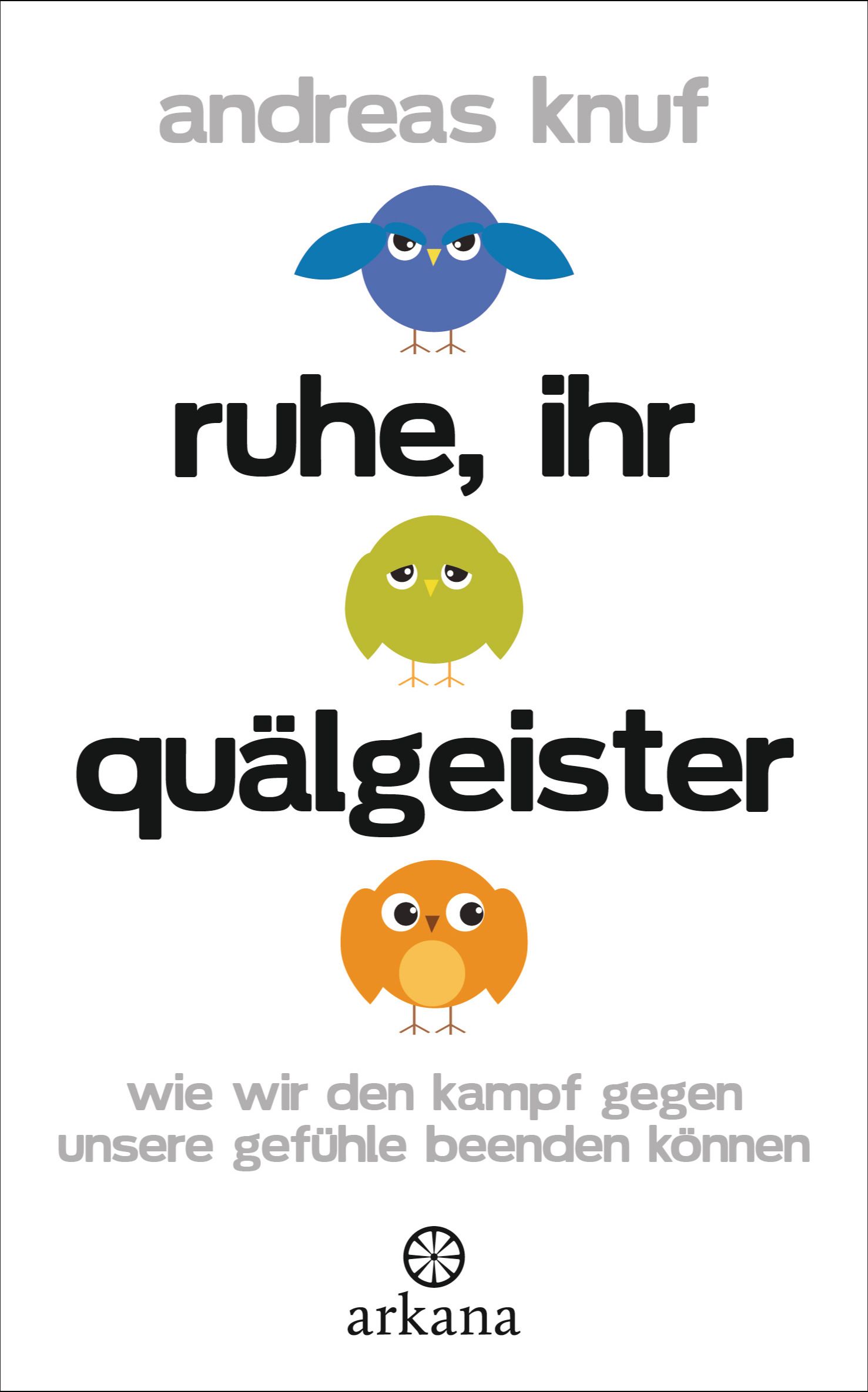 Buchcover mit Titel "Ruhe, ihr Quälgeister". Autor Andreas Knuf. Illustrationen von Vögeln. Verlag Arkana.