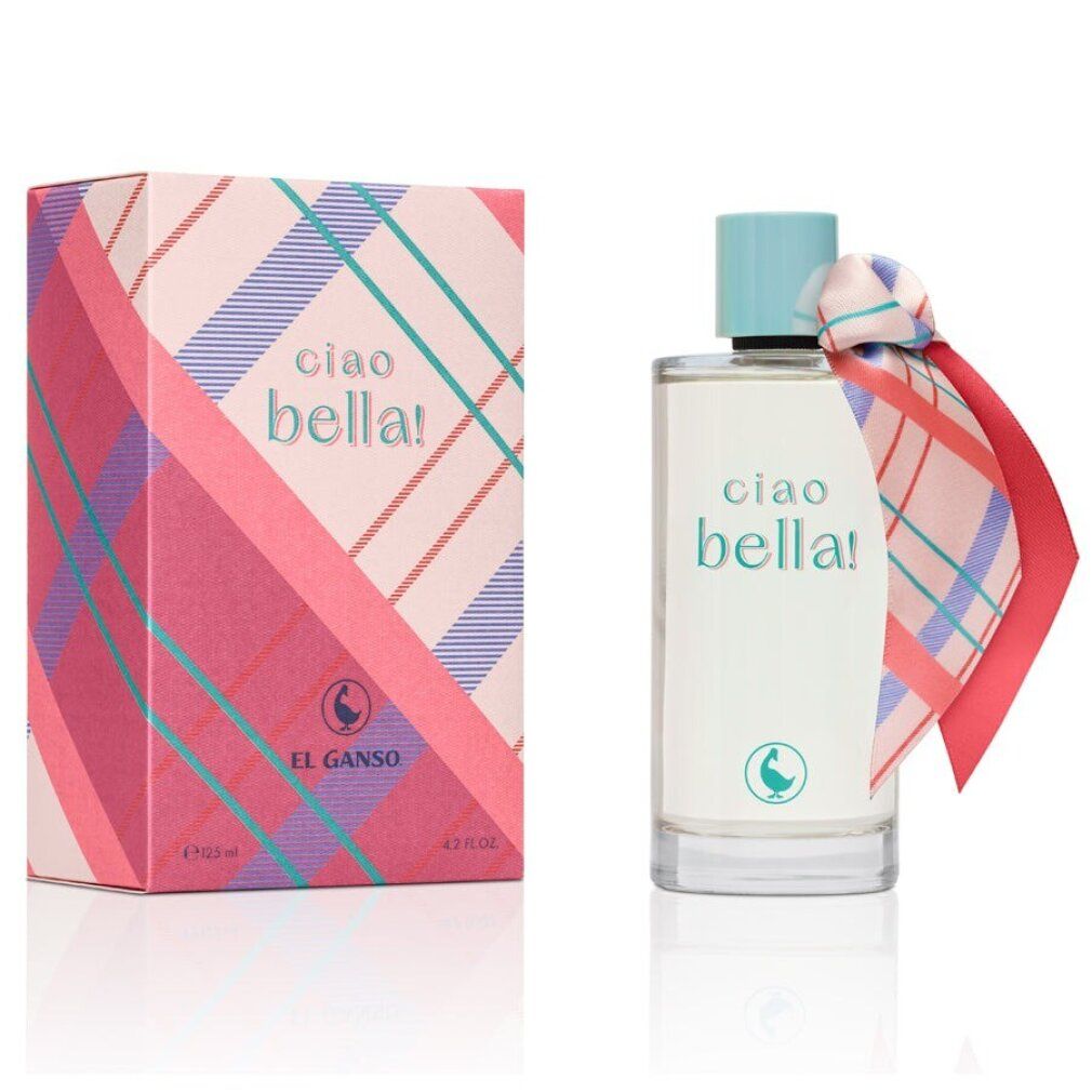 Eau de Toilette-Flakon und Verpackung. Aufschrift "ciao bella!". Marke "El Ganso".
