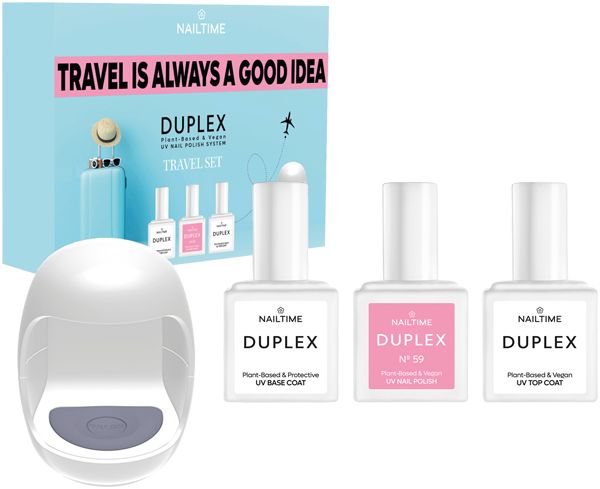 Set mit UV-Nagellack, LED-Lampe und drei Flaschen. Flaschen mit Etiketten: Duplex, UV Base Coat, UV Top Coat, Nr. 59. Text: Nailtime.