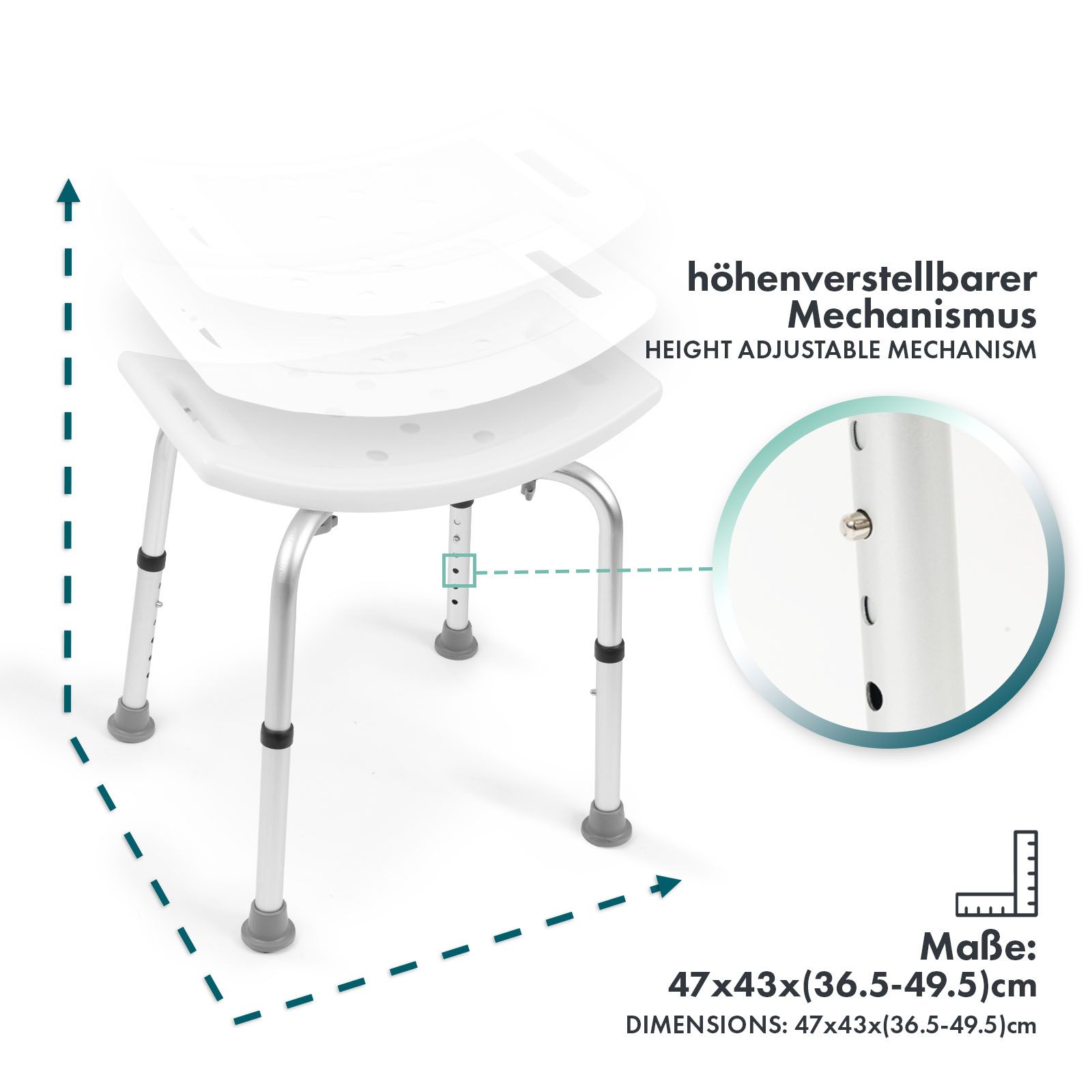 KARAT Duschhocker Noah Plus - Höhenverstellbar - Anti-Rutsch-Gummifüße - Belastbar bis 150 kg